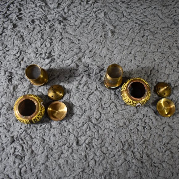 Vintage Brass Krishna Salt and Pepper Shaker with Toothpick Holder Set - Picture 4 of 15